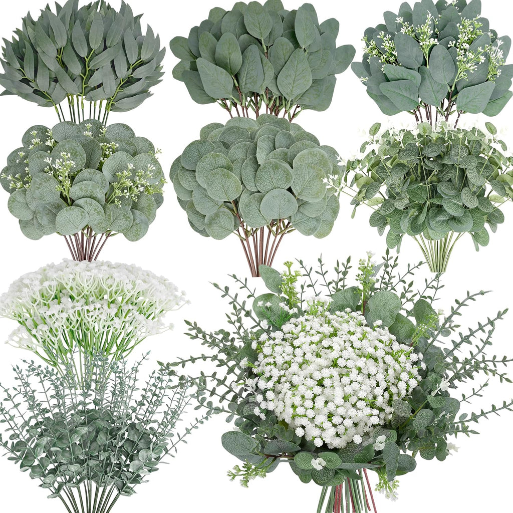 8 kinds mixed artificial eucalyptus stems bulk fake shown in use