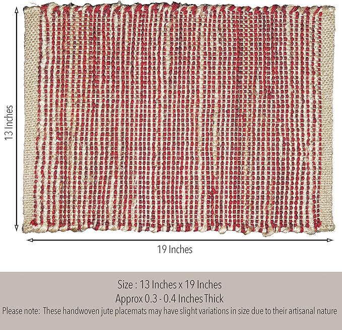 Chardin Home Natural Jute & Red Placemats, Set of 4 – Rustic Handmade Boho Table Mats, 13x19 Inch Dining Table Placemats for Kitchen, Everyday Meals, Holidays, Farmhouse or Modern Table Décor