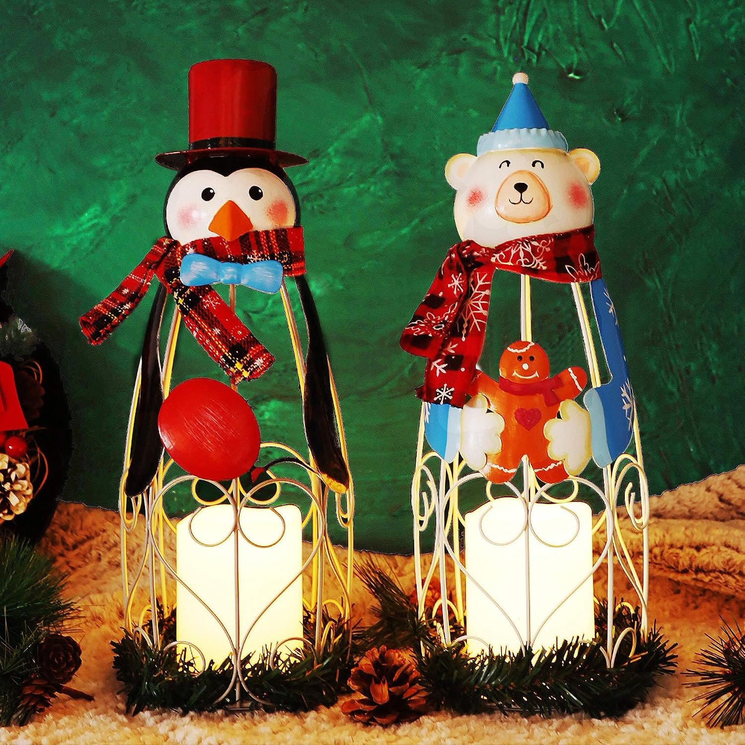 Lulu Home Christmas LED Candle Lanterns, 2 Pack 14.6 Inch Penguin Polar Bear with Battery Operated Candle Lights, Light Up Christmas Tabletop Decorations