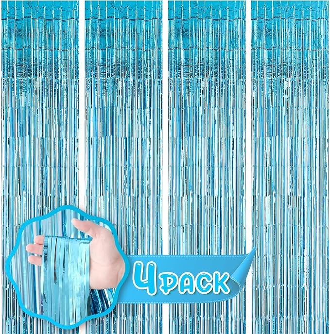 4 Pack 3.3x8.2 Feet Light Blue Foil Fringe Backdrop Curtains, Tinsel Streamers Birthday Party Decorations, Fringe Backdrop for Graduation, Baby Shower, Gender Reveal, Disco Party