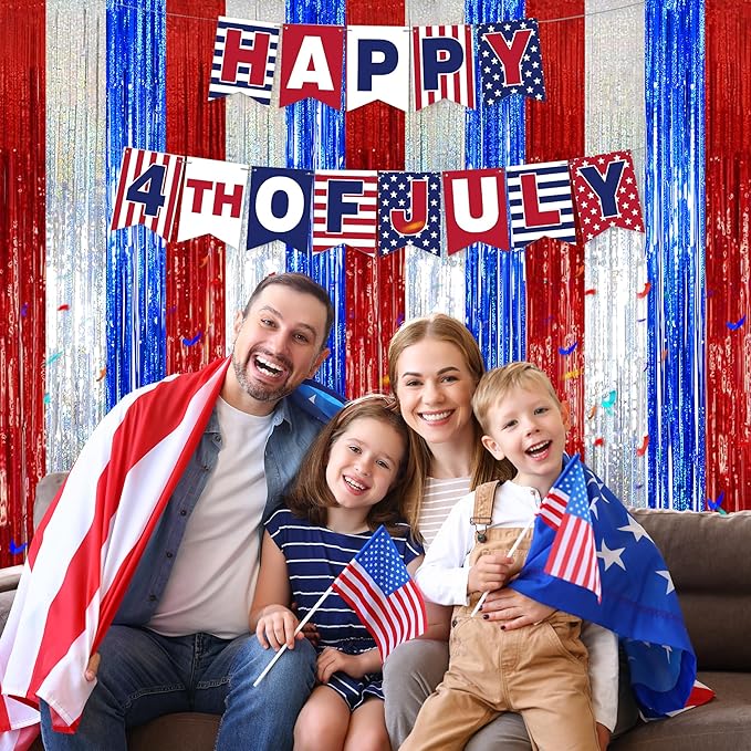 Foil Fringe Curtains Party Decorations - Melsan 3 Pack 3.2 x 8.2 ft Tinsel Curtain Party Photo Backdrop for Independence Day Decorations Birthday Party Baby Shower or Graduation Navy