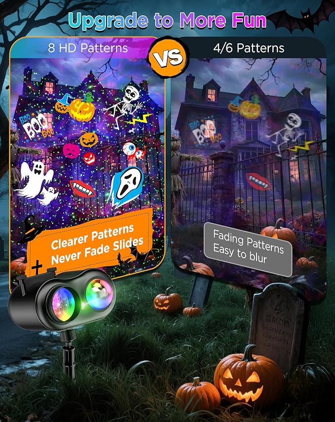 Halloween Christmas Projector Lights Outdoor, 8 Brighter HD Holiday Patterns with Firefly & Ocean Wave Effects, 10 Slides, Waterproof Snowflake Projector with Timer for House Garden Yard Xmas New Year