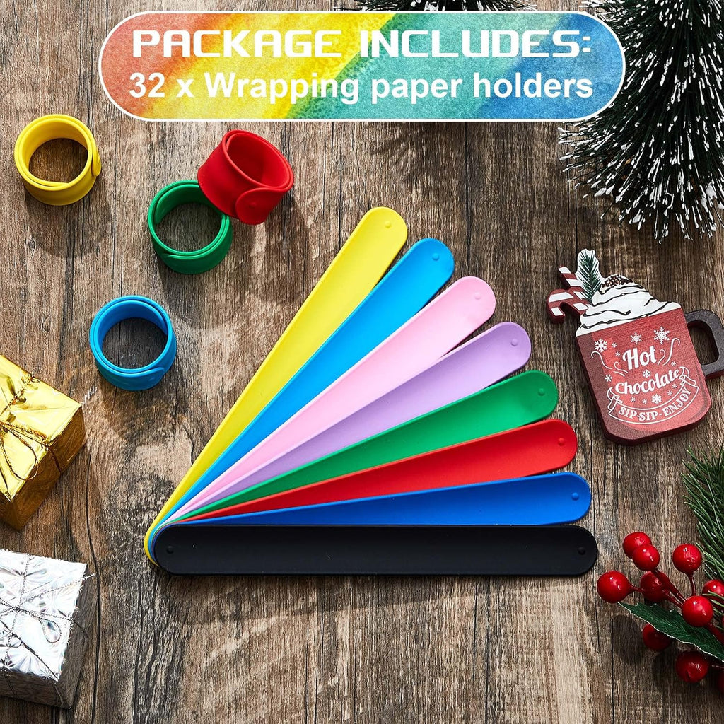 Leyndo 32 Pcs Wrapping Paper Roll Holder Clips Silicone Covered Metal Strips Flip 1 x 9 in Poster Holder Slap Band for Christmas Wedding Graduation Gift Wapping