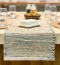 Chardin home Natural Jute Table Runner 13x90 Inch – Vintage Boho Rustic Table Decor – Handwoven Table Runner in Natural Jute and Green – Farmhouse Dining or Console Table Accent