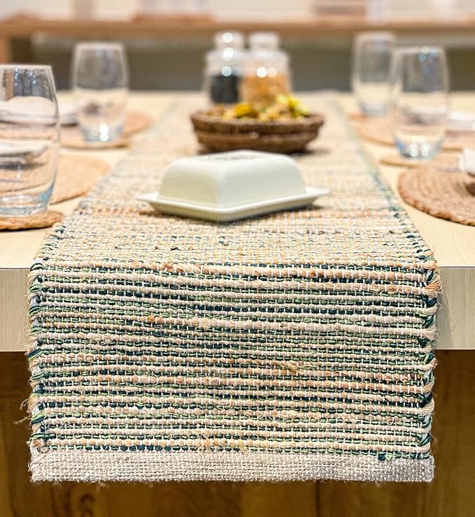 Chardin Home Natural Jute Table Runner 13x72 Inch – Vintage Boho Rustic Table Decor – Handwoven Table Runner in Natural Jute and Green – Farmhouse Dining or Console Table Accent
