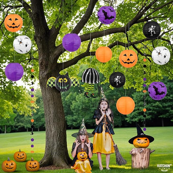 KatchOn, Halloween Hanging Paper Lanterns Set - Pack of 15 | Halloween Paper Lanterns, Halloween Honeycomb Decorations for Halloween Decorations | Halloween Garland for Halloween Party Decorations