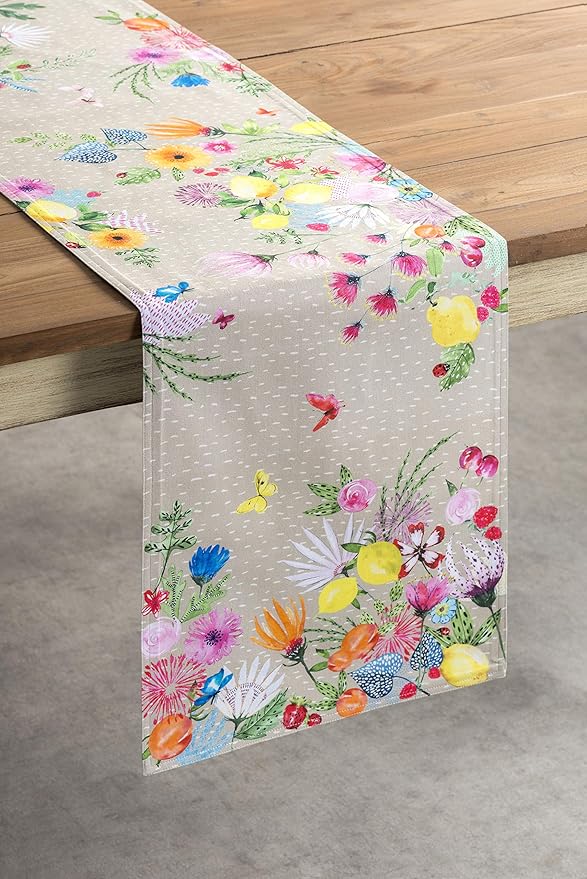 Maison d' Hermine Table Runner 100% Cotton Double Layer Table Runners 72 inches Long Decorative for Home Kitchen Dining Party Wedding Bridal Shower Spring Summer (Jardin D'Ete - Fog, 14.50" x 72")
