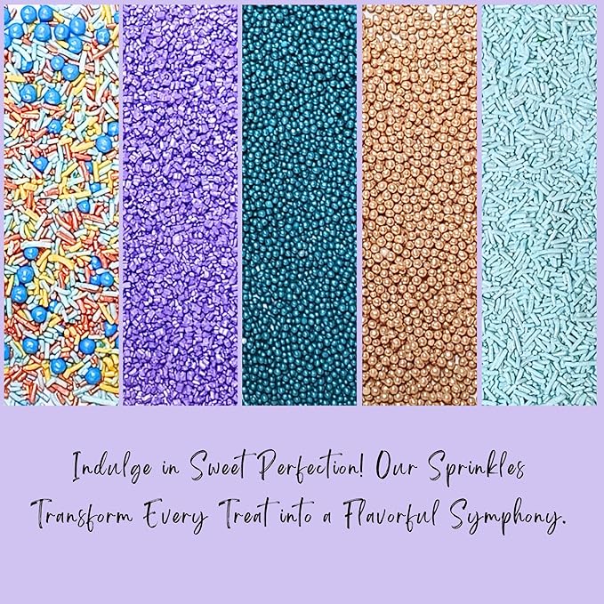 Confect Sprinkles Mix – Pack of 5 Assorted Cake & Cupcake Decorating Sprinkles – Bright Blue, Rose Gold & Gold Dragees, Baby Blue Jimmies, Purple Sparkling Sugar | Aquamarine Party Sprinkles– Vegan, Gluten-Free, Nut-Free, Soy-Free, Dairy-Free, Palm Oil...
