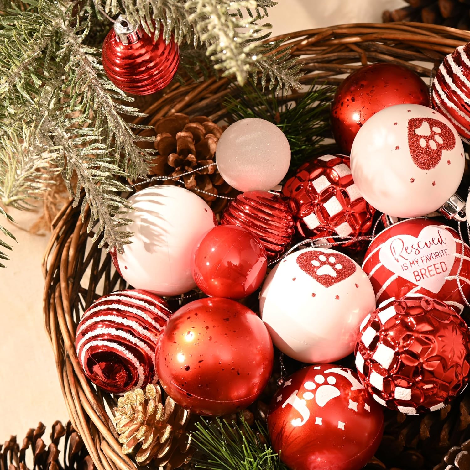 DecorbyHannah Christmas Ornaments Set, 21ct Red and White Ornaments for Christmas Tree Decorations, Pet Dog Shatterproof Plastic Decorative Hanging Ball Bulk for Xmas Holiday Indoor Party Decor
