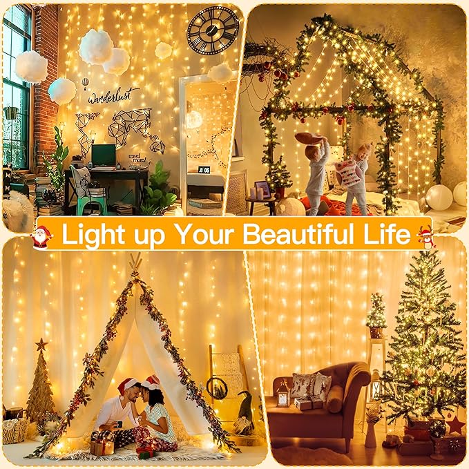 Ollny Christmas Curtain Lights 300 LED 9.8 FTx9.8 FT, Outdoor Waterproof Curtain String Lights with Remote Timer 8 Modes, USB Waterfall Window Lights for Wall Backdrop Home Decorations (Warm White)