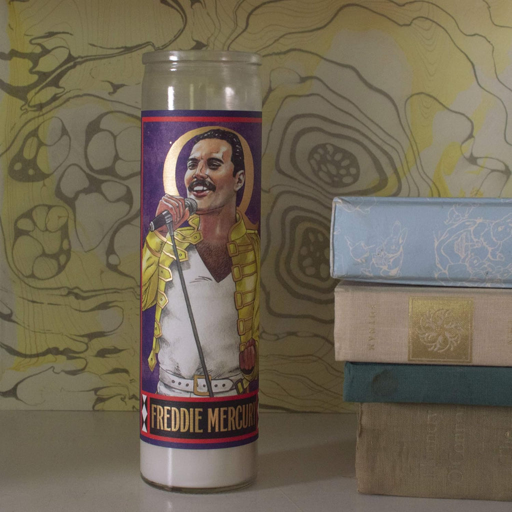 The Unemployed Philosophers Guild Freddie Mercury Secular Saint Candle - Unscented 8 Inch Tall Glass Prayer Votive, Made in the USA, Vegetarian Wax