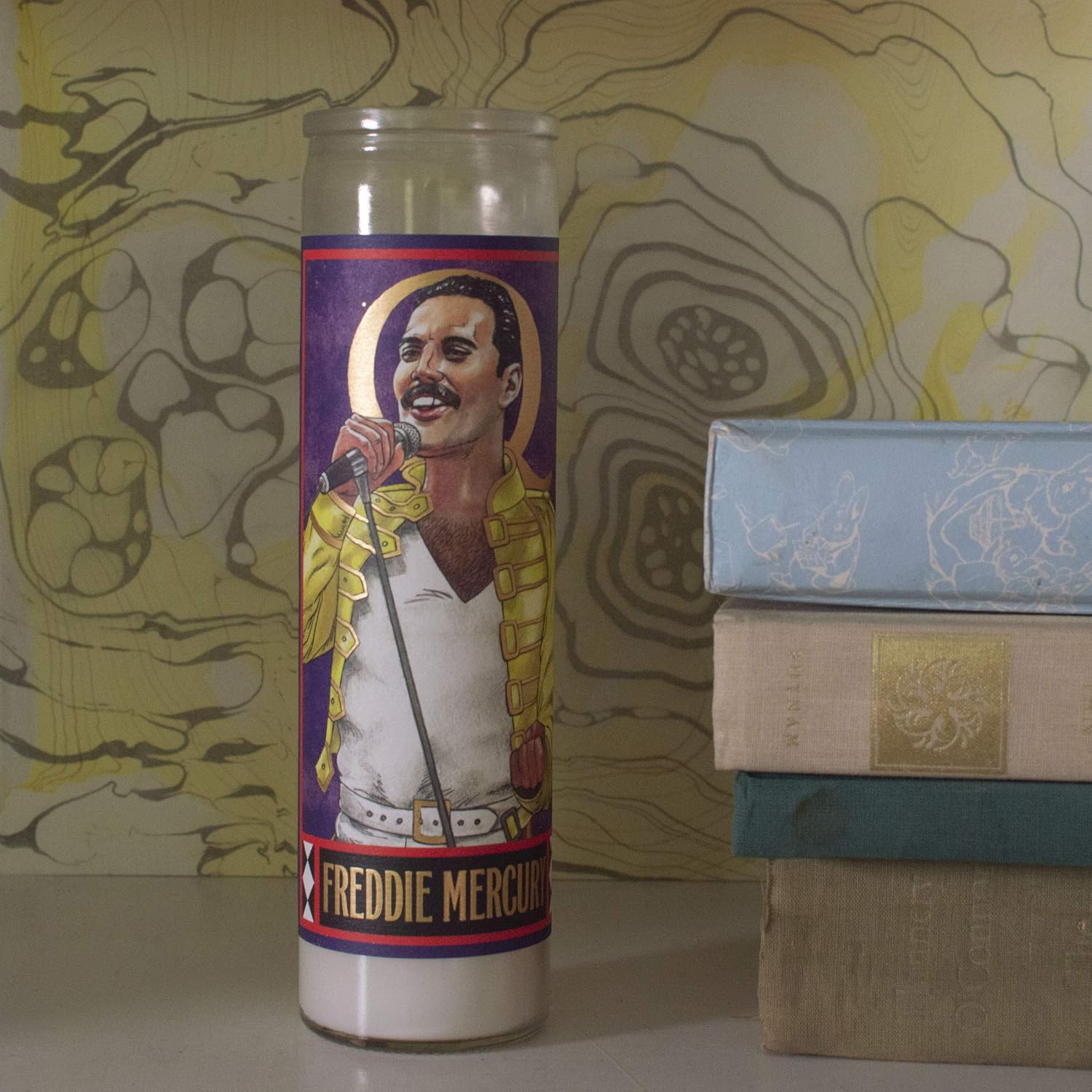 The Unemployed Philosophers Guild Freddie Mercury Secular Saint Candle - Unscented 8 Inch Tall Glass Prayer Votive, Made in the USA, Vegetarian Wax
