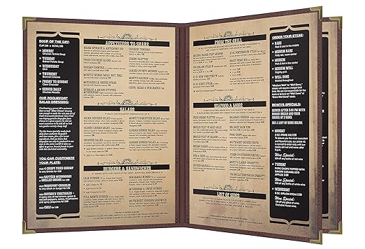 Goodsmart Pajco Style Restaurant Menu Covers – Pack of 10, Side-Loading Menu Holders, Single Stitched Edge, Clear Vinyl Menu Sleeves, Leatherette Trim, Gold Corners, Burgundy, 4 View (8.5" x 11")