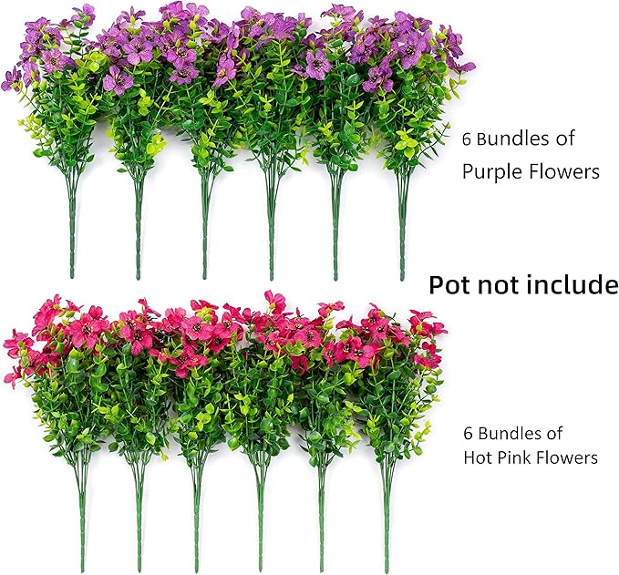 HyeFlora Artificial Flowers for Outdoor Indoor Garden Home Decoration, Faux Flower Daisy with Eucalyptus Leaves Fake Plants Greenery Boxwood Porch Patio, 12 Bundles (Purple Pink)