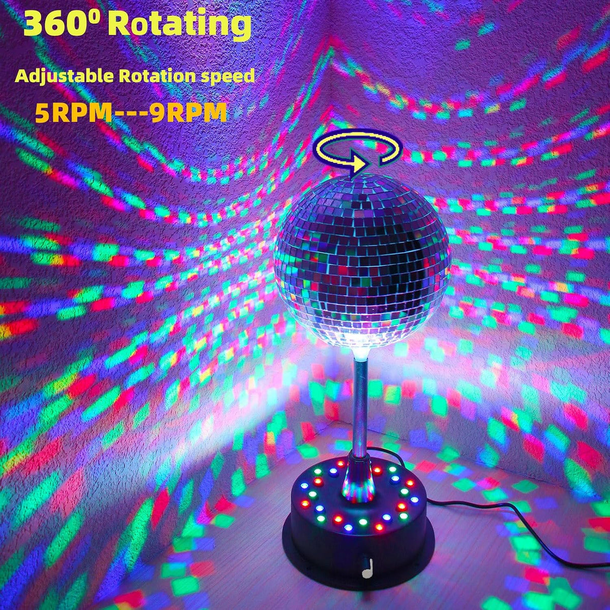 6'' Mirror Disco Ball with 24 LEDs 5-9 RPM Adjustable Rotating Motor ...