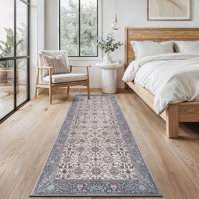 Bloom Rugs Washable Non-Slip 7 ft Runner - Teal/Blue/Beige Traditional Oriental Runner for Entryway, Hallway, Bathroom, and Kitchen - Exact Size: 2.5' x 7'