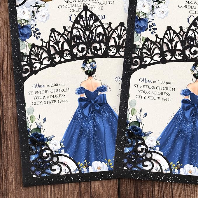 50Pcs Navy Blue Crown Invitations for Quinceanera, 15 year, Sweet 16, Miss XV, Birthday Laser Cut Quince Invitation Cards Personalized Pearlized Black