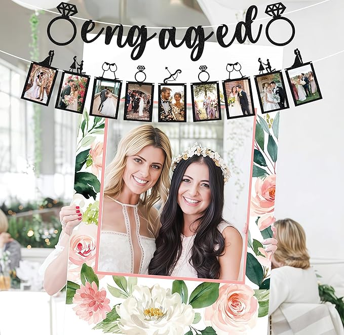 Pre-Strung Engaged Photo Banner - Black Glitter Engagement Party Decoration Supplies with Romantic Memories Picture Card Frames for Bachelorette, Bridal Shower, Wedding Party Photo Booth Props