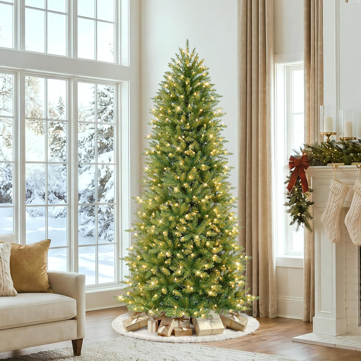 puleo international 6.5ft pre-lit slim fraser fir artificial on a desk or shelf