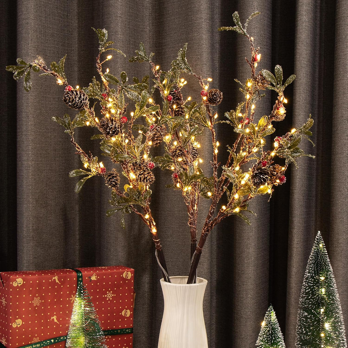 lighted christmas evergreen sprig branches tree, handmade leaf, main product view