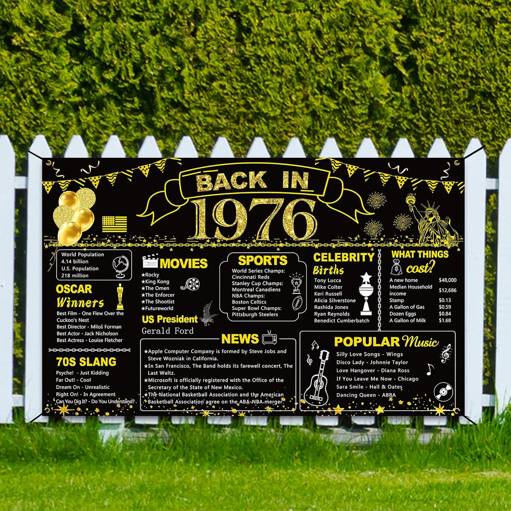 DARUNAXY 50th Birthday Black Gold Party Decoration, Back in 1976 Banner 50 Year Old Birthday Party Poster Supplies Vintage 1976 Backdrop Photography Background for Men & Women 50th Class Reunion Decor