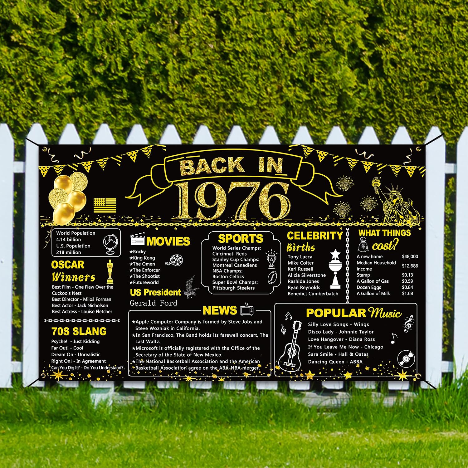 DARUNAXY 50th Birthday Black Gold Party Decoration, Back in 1976 Banner 50 Year Old Birthday Party Poster Supplies Vintage 1976 Backdrop Photography Background for Men & Women 50th Class Reunion Decor