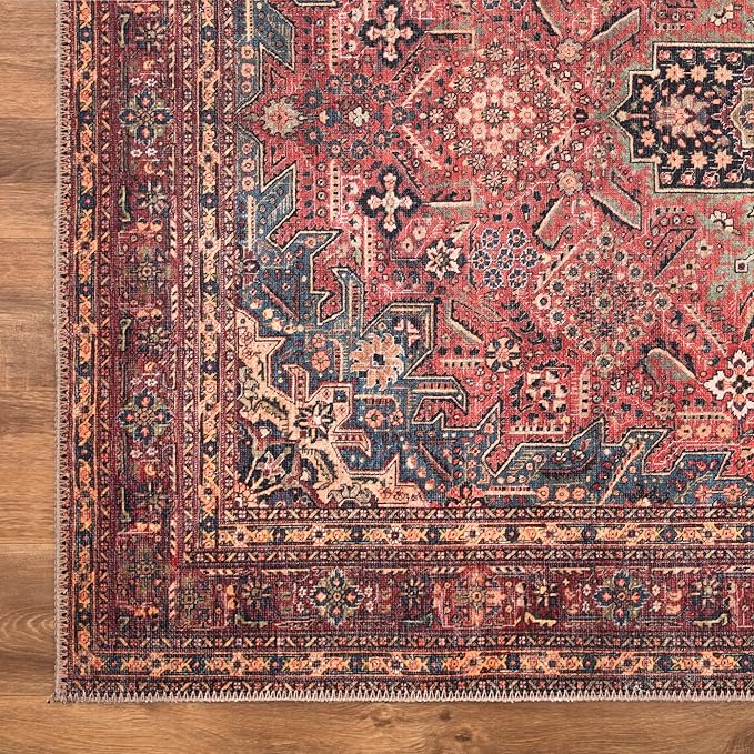Bloom Rugs Washable Non-Slip 12 ft Runner - Red/Teal Blue/Yellow Traditional Medallion Runner for Entryway, Hallway, Bathroom, and Kitchen - Exact Size: 2.5' x 12'