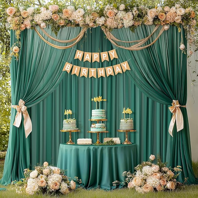 10ft x 10ft Emerald Green Backdrop Curtains, Wrinkle-Free Sheer Chiffon Fabric Photo Backdrop Drapes for Wedding Arch Party Ceremony Photography Decoration