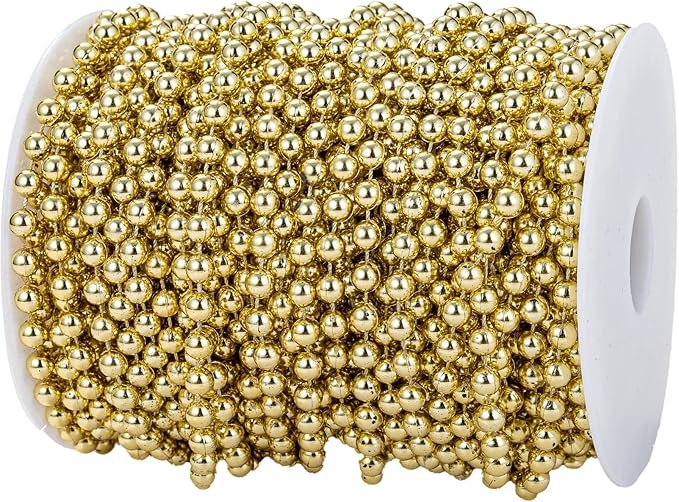 6mm Crafts Faux Pearl Beads Garland Pearl Bead Roll Strand of Pearls to Decorate Floral Centerpieces Wedding Party Favor Christmas Tree(82 Feet Gold)