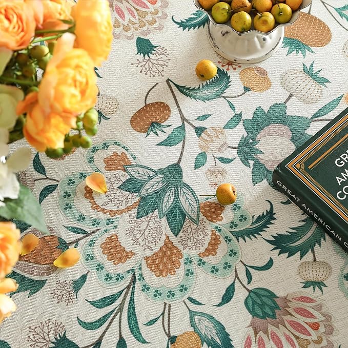 patdrea Designer Green Extra Long Rectangle Table Cloth,Italian Floral Country Linen Breathable Tablecloth,Decor Cover for Kitchen Dining,Christmas,Tea Party,Thanksgiving,63"x110"-Tree Life
