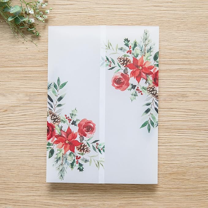PONATIA 50 PCS 135gsm Vellum Jackets for 5x7 Wedding Invitation Cards- Christmas Red Floral Printed Vellum Sleeves, Invitation Cards Wraps, Christmas Cards Jackets