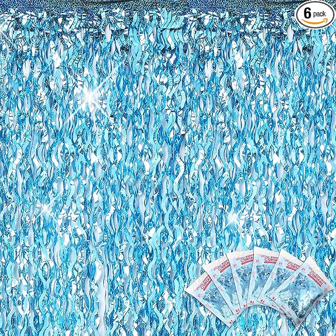 Jutom 6 Pieces 3.3 x 6.6 ft Wavy Tinsel Foil Fringe Curtains Foil Fringe Streamer Backdrop Party Curtain for Sea Mermaid Baby Shower Birthday Party Decoration(Light Blue)