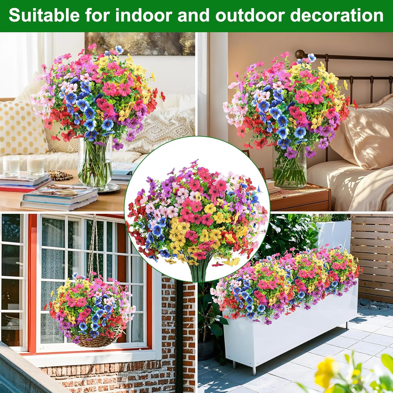 Ouddy Decor 24 Bundles Artificial Flowers for Outdoors Fake Silk Flowers UV Resistant Faux Plastic Plants for Spring Summer Garden Porch Window Box Table Vase Home Indoor Outdoor Decoration, Mixed
