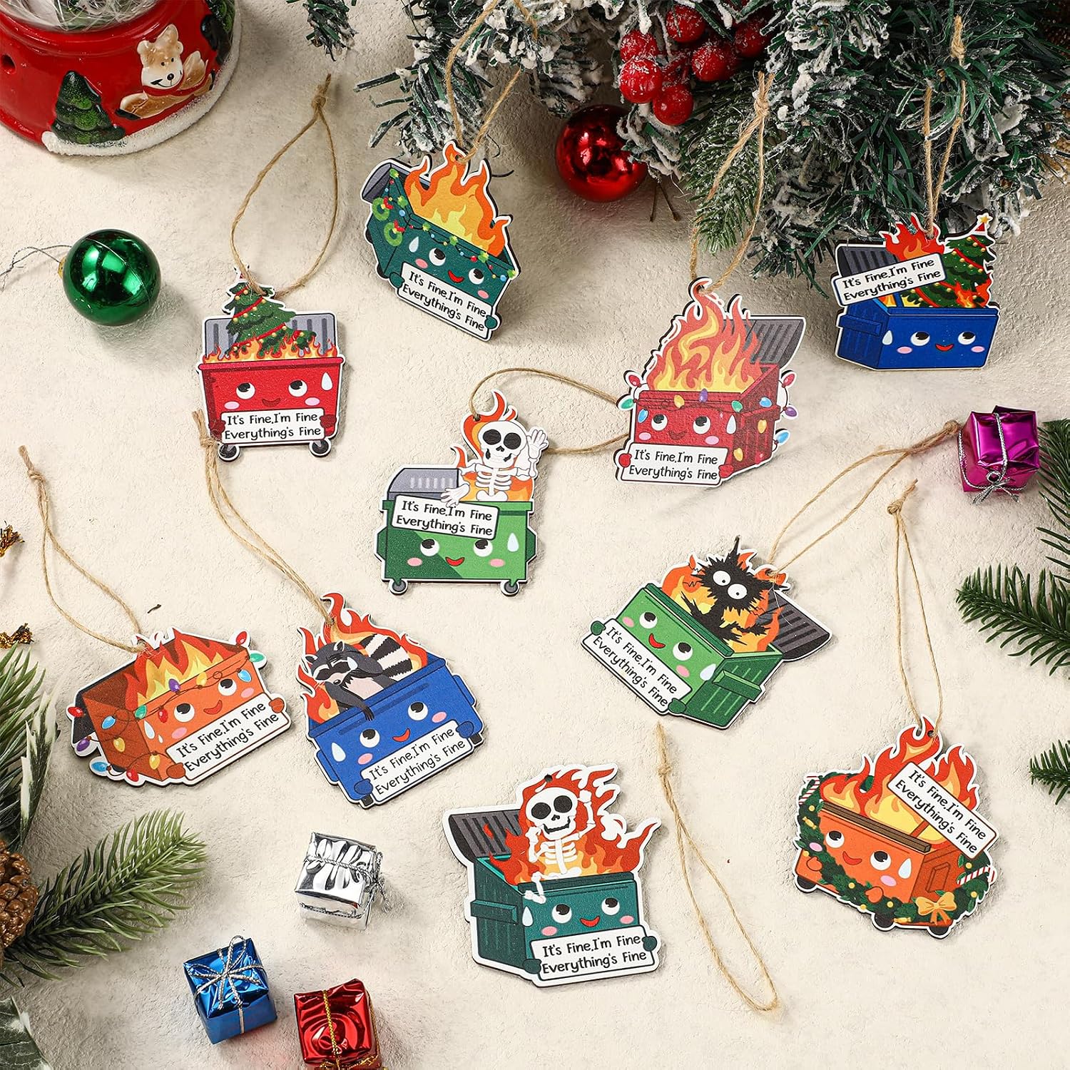 Syhood 50 Pcs Christmas Dumpster Fire Ornament Funny Christmas Tree Hanging Ornaments Bulk Everything is Fine Emotional Dumpster Fire Employee Appreciation Gifts for Team Coworker Nurse, 10 Styles