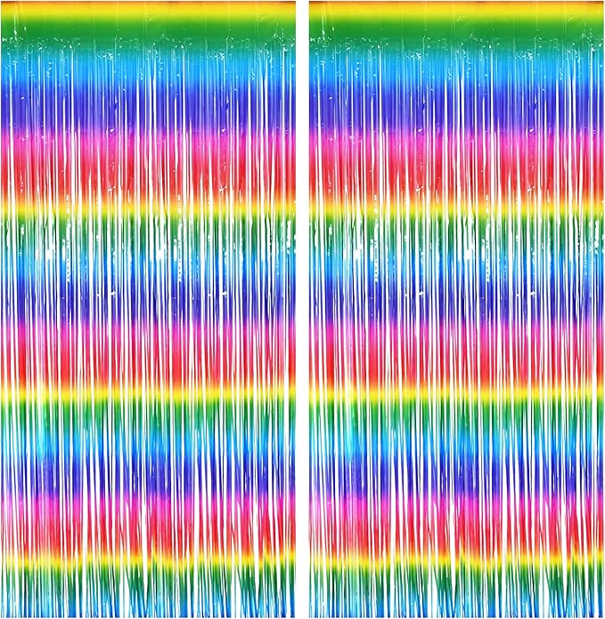 BRAVESHINE Fringe Backdrop Tinsel Foil Curtains - 2 Pack Colorful Metallic Streamers Backdrops for Doorway Decor/80's/90's/Dance/Graduates/Rainbows-Theme/Candylands/Kids Birthdays Party Decorations
