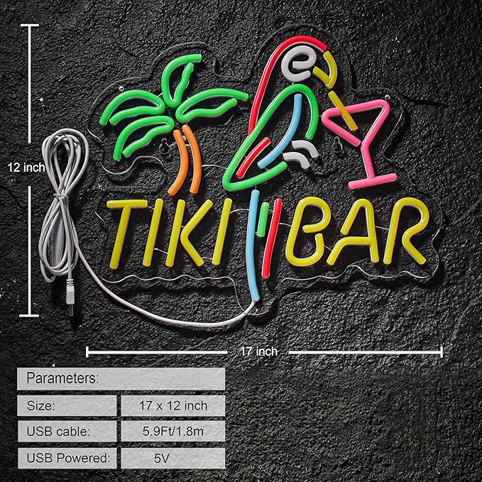 Tiki Bar Neon Sign for Wall Décor Dimmable LED Parrot Palm Tree Cocktails Signs for Beer Bar Art Man Cave Light Decor