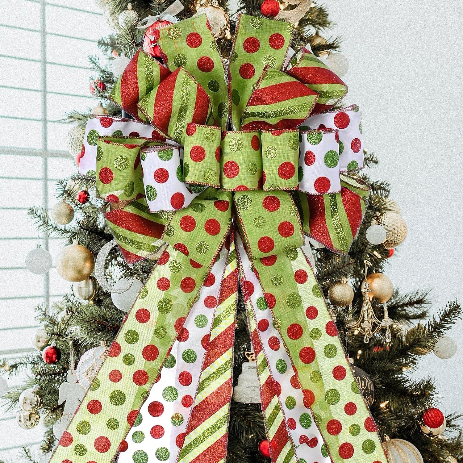 Christmas Tree Topper Wreath Bow Large Green Christmas Bow Tree Topper, Red Green Dot Polyester Gift Bows for Xmas Ornament Holiday Home Thanksgiving Indoor/Outdoor Decoration 45"x13"