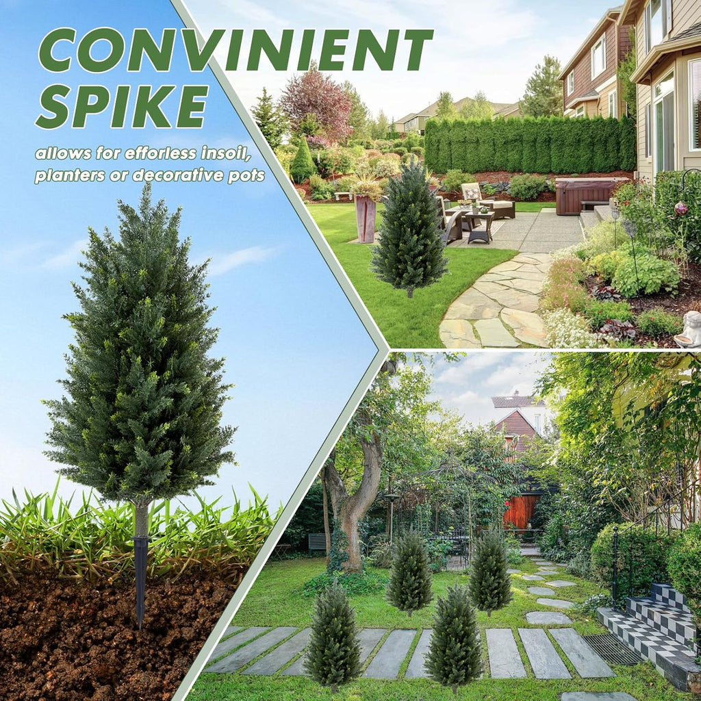 set of 2 artificial cedar topiary christmas trees, close-up detail