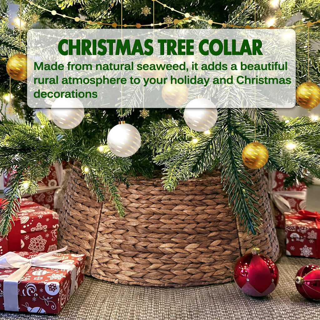 5-Piece Rattan Christmas Tree Collar - 24" Rustic Farmhouse Tree Skirt- Xmas Tree Base Cover for Christmas Decoration- Woven Holiday Tree Ring Accessory for Home, Living Room (Brown, 24 in)