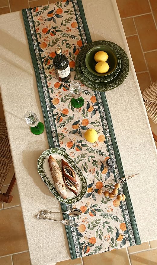 patdrea Designer Vintage Fresh Farmhouse Linen Table Runner 87 Inch Long, Green and Orange Pattern Table Mat, Decor for Kitchen Dining Table Coffee Table Shelf Cabinet Banquet Christmas ,12"*87"