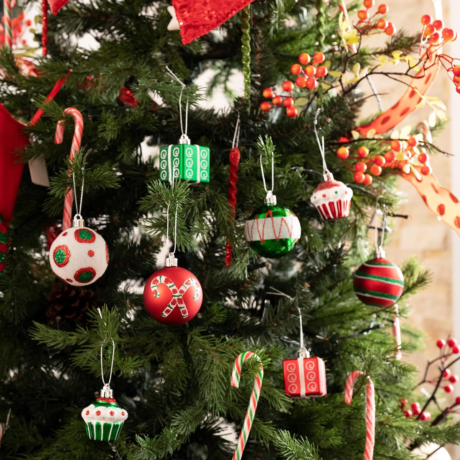 Valery Madelyn Christmas Tree Ornaments Set, 16ct Candy Cane Red Green White Shatterproof Christmas Tree Decorations Bulk, 2.36 Inch Decorative Hanging Ball Ornaments for Xmas Trees Holiday Decor