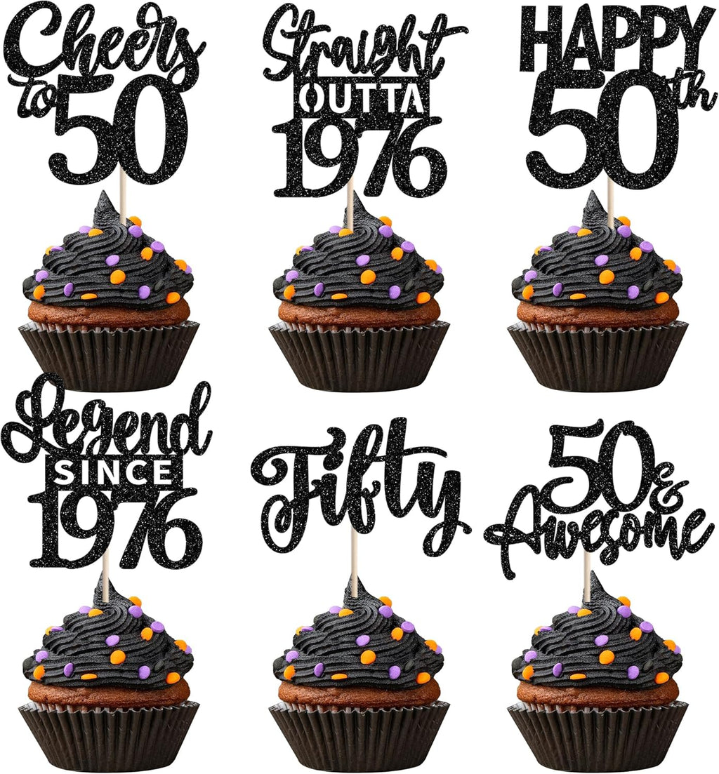 24PCS Black Happy 50th Birthday Cupcake Toppers Fifty Straight Outta 1976 Cupcake Picks Cheers to 50 Lengend Since 1976 Cake Decorations for 50th Birthday Anniversary Party Decorations Supplies