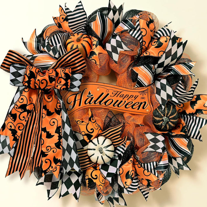 Halloween Wreaths for Front Door, Halloween Wreath with Ribbon Bow