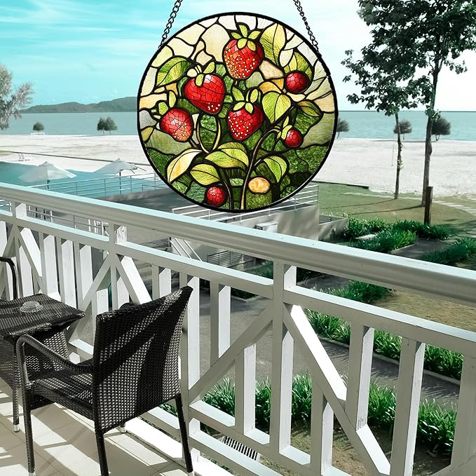 Stained Glass Window Hanging - Red Strawberry Suncatcher for Doors Window Home Green Plant Sun Catchers Decor Christmas Mother's Day Birthday Gifts for Teacher Women Men Mom Nana 9.8 in