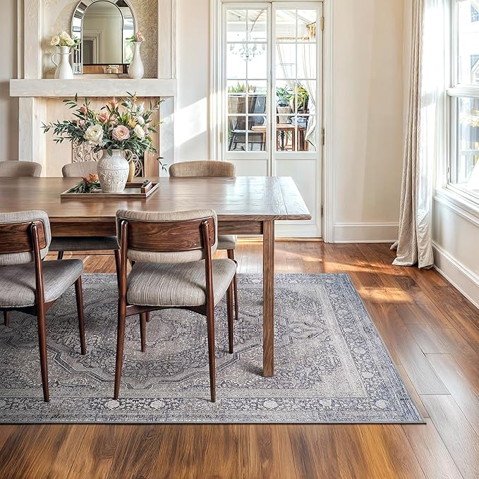 Bloom Rugs Washable Non-Slip 6' x 9' Rug - Blue/Steel Gray/Beige Traditional Medallion Area Rug for Living Room, Bedroom, Dining Room, and Kitchen - Exact Size: 6' x 9'
