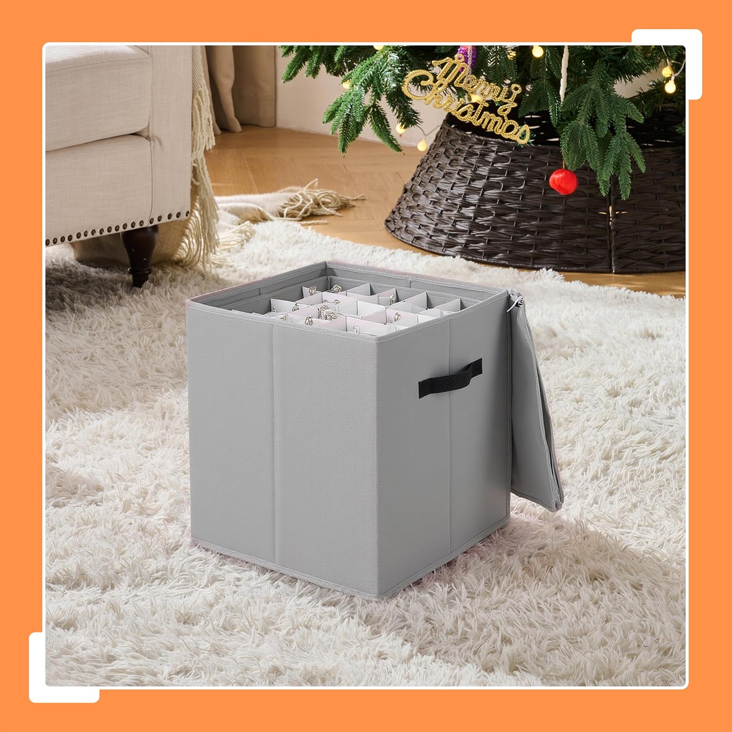 Relaxdays Christmas Bauble Storage Box, 64 Baubles, H x W x D: 40 x 36.5 x 36.5 cm, Polyester, Cardboard, Ball Box, Grey