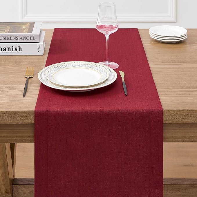 ZeeMart Linen Textured Border Table Runner, 14 x 48 Inch Red, Farmhouse Style Red Table Runners 48 Inches Long, Easy Care Everyday Polyester Table Runner
