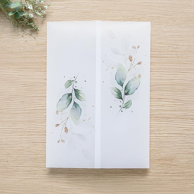 PONATIA 50PCS Vellum Jackets for 5x7 Invitation Cards - 135GSM Green Leaves Vellum Sleeves, 5x7'' Clear Jackets Wedding Invitations Wraps - Transparent Card Jackets