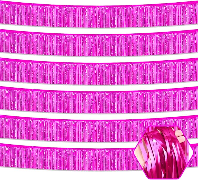 6 Pack 10 Feet Rose Red Foil Fringe Garland Metallic Tinsel Streamers Banner Wall Hanging Curtain Backdrop for Parade Floats, Birthday, Graduate, Mother's Day, Wedding Party Decoration