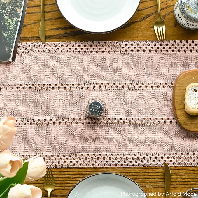 Artoid Mode Pink Farmhouse Woven Rustic Hollow Table Runner, Seasonal Holiday Hollow Kitchen Dining Table Decoration for Home Party Decor 12x72 Inch